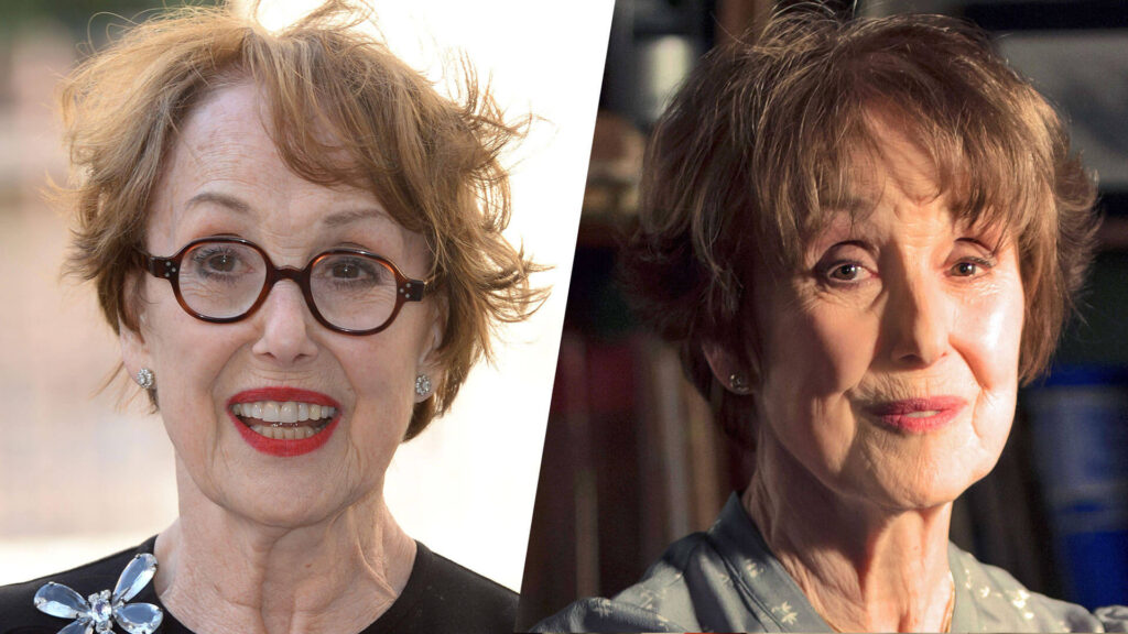 Paired color photographs of actor Una Stubbs (left) and her character Mrs. Hudson (right) as portrayed on Sherlock on PBS MASTERPIECE.