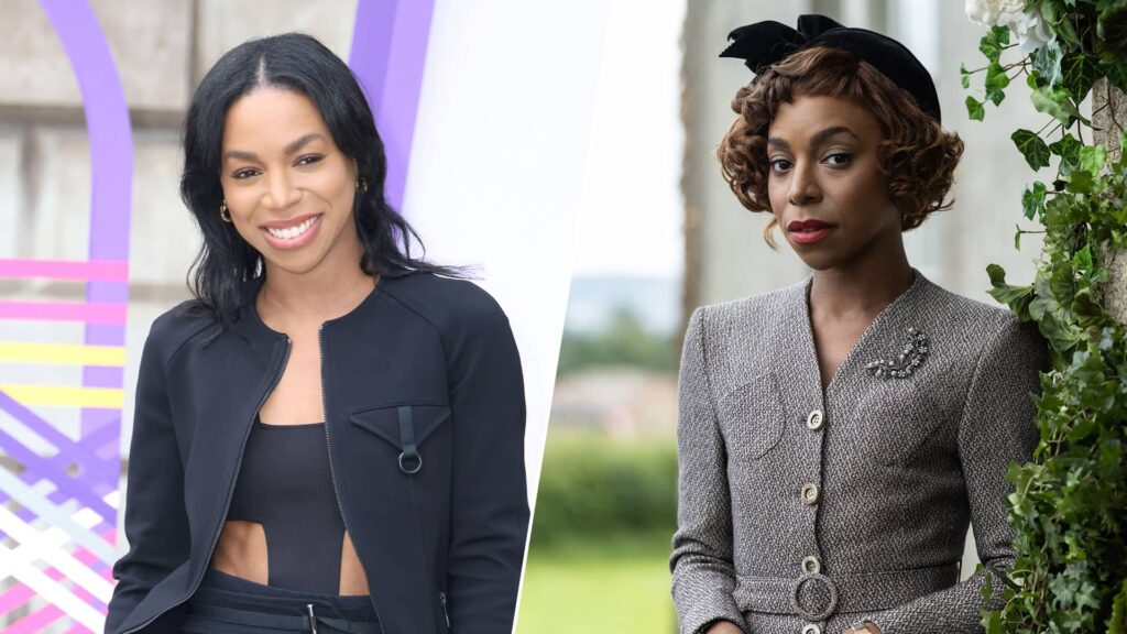 A split image with actor Pippa Bennett-Warner n a black jacket and cut-out top smiling on the left, and in character as Madeline Cain in Moonflower Murders, dressed in a smart