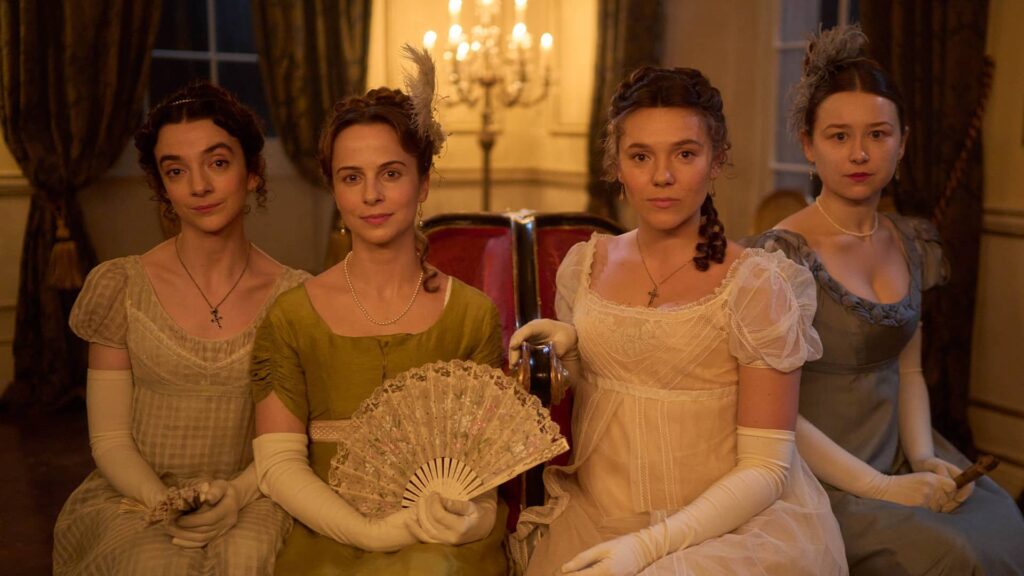 Patsy Ferran as Jane Austen, Madeleine Walker as Eliza Fowle, Synnøve Karlsen as Cassy Austen and Liv Hill as Young Mary in Miss Austen on MASTERPIECE on PBS