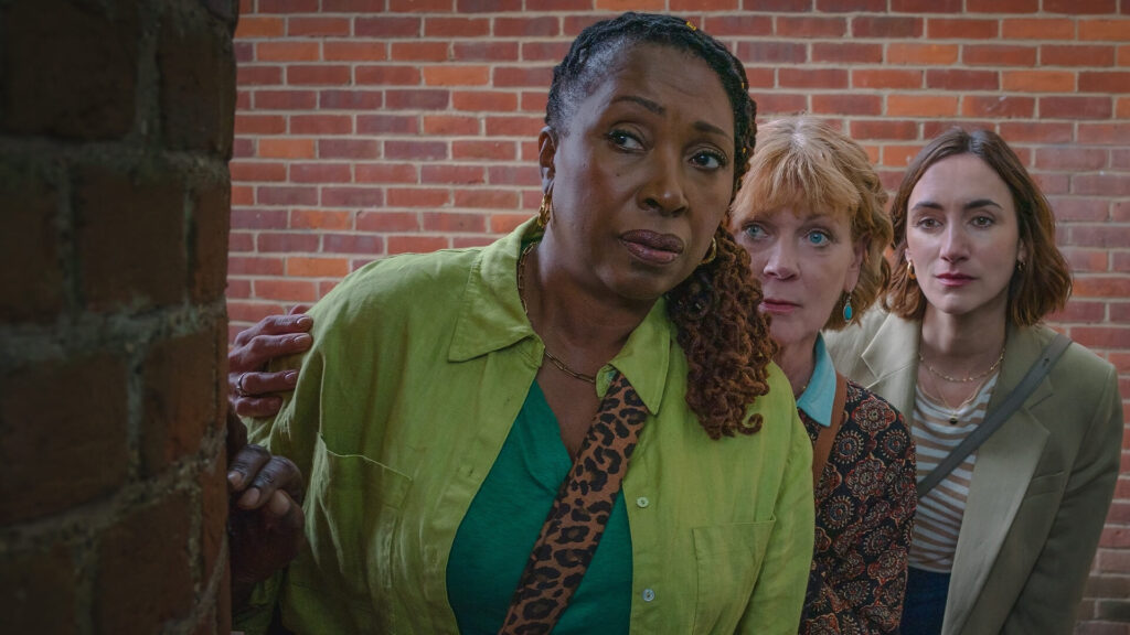 Actors Jo Morgan, Samantha Bond and Cara Horgan as a trio of amateur sleuths in the MASTERPIECE on PBS series, The Marlow Murder Club.
