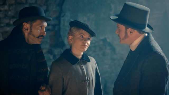 Paul Bazely, Kate Phillips and Felix Scott in Miss Scarlet Season 5