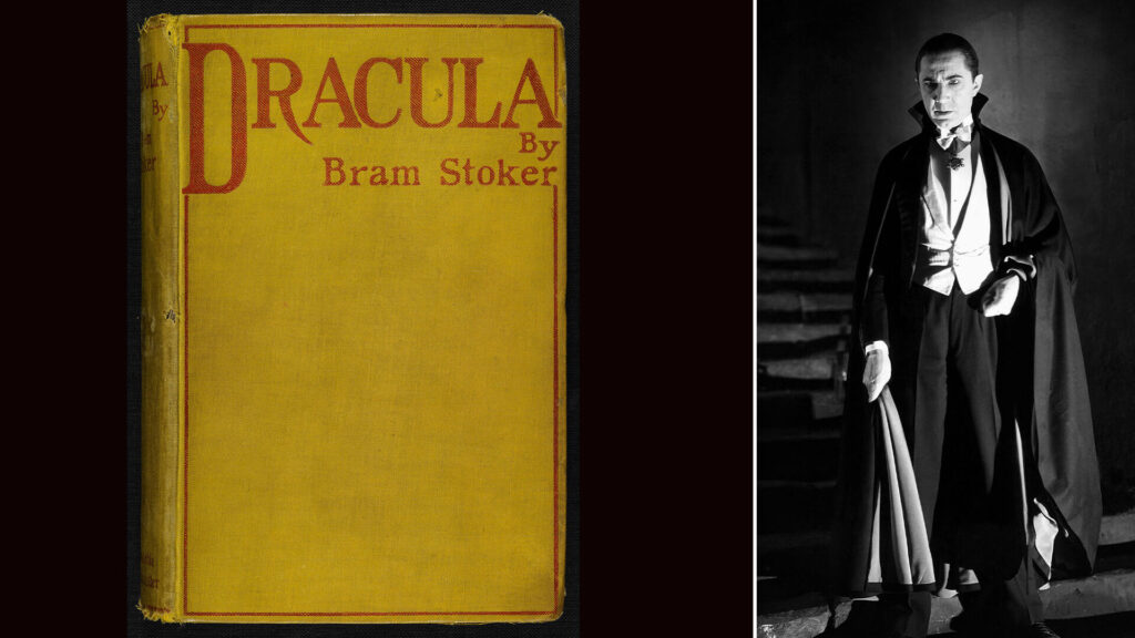 Split image with an old, yellow cover of Bram Stoker's DRACULA on left and actor Bela Lugosi as Dracula in a black and white photo on right.