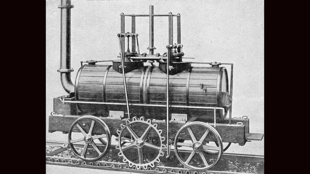 Black and white image of Matthew Murray's first commercially viable steam locomotive, the twin cylinder Salamanca.