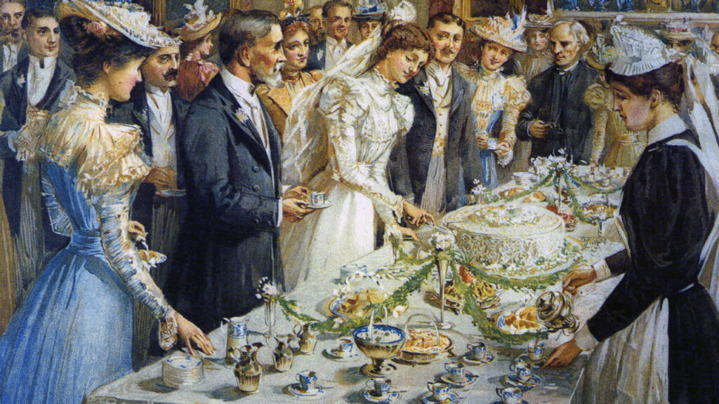 Colored painting of a Victorian wedding reception. Bride is dressed in white and cutting the cake. Guests are gathered around her and the reception table of food.