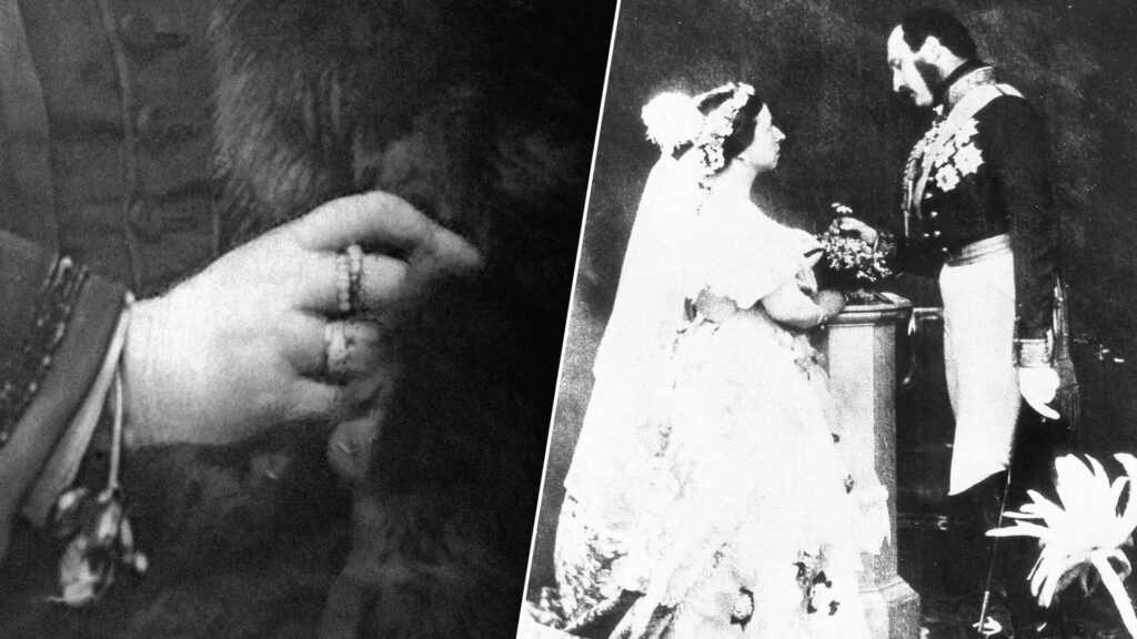 Side-by-side black and white photographs: Close up of Queen Victoria’s right hand with her Emerald Snake Ring (second finger down) and on right: Victoria and Albert in a re-enactment of their marriage ceremony, 1854.