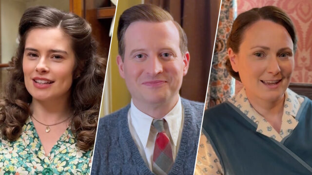 Rachel Shenton, Nicholas Ralph, and Anna Madeley behind the scenes of All Creatures Great and Small Season 5
