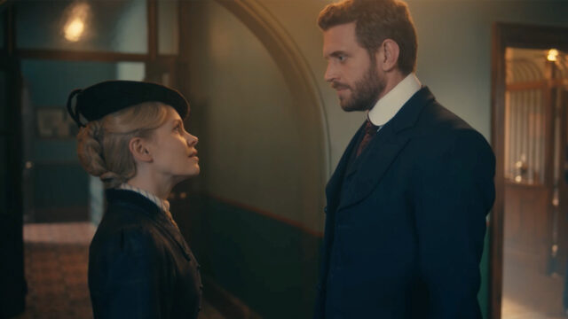 Kate Phillips and Tom Durant Pritchard behind the scenes of Miss Scarlet Season 5