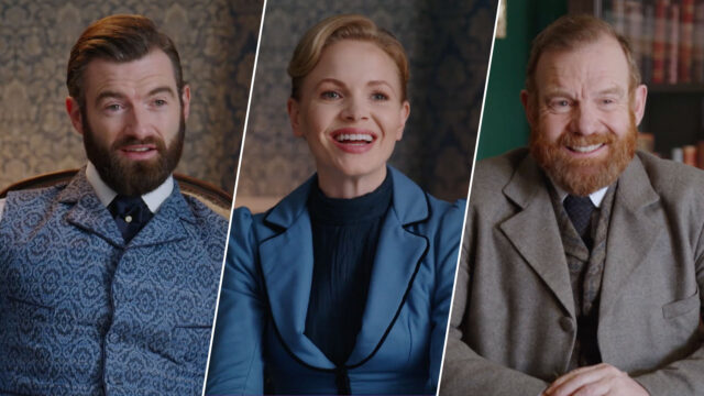Stuart Martin, Kate Phillips, and Tim Chipping behind the scenes of Miss Scarlet and The Duke Season 4
