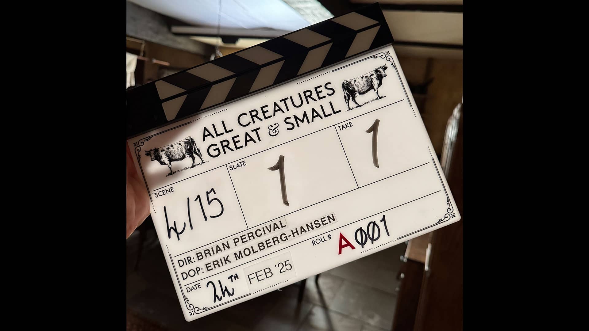 A clapper marking the beginning of filming Episode 1 of All Creatures Great and Small Season 6, with Brian Percival stated as director