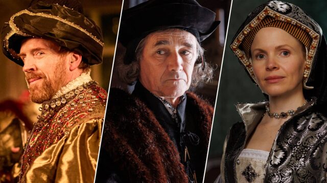 A composite image with King Henry VIII (Damian Lewis) dressed in gold finery on the left, Thomas Cromwell (Mark Rylance) in the middle, and Jane Seymour (Kate Phillips) on the right.