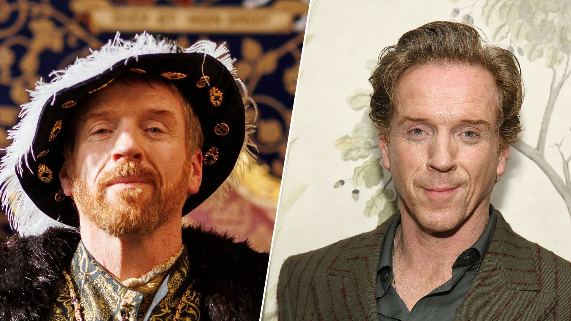 Split image: on the left, King Henry VIII (head and shoulders) looking proud and majestic before a rich tapestry. On the right, actor Damian Lewis (head and shoulders) smiles in front of a faint floral backdrop at an event in NYC in March, 2025