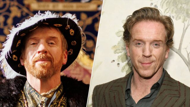 Split image: on the left, King Henry VIII (head and shoulders) looking proud and majestic before a rich tapestry. On the right, actor Damian Lewis (head and shoulders) smiles in front of a faint floral backdrop at an event in NYC in March, 2025
