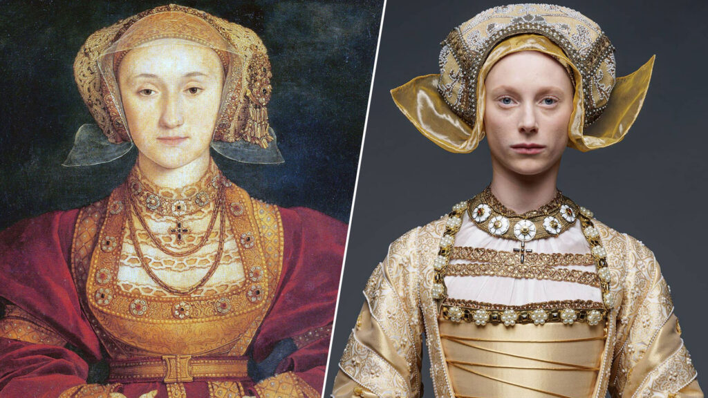 Paired image of Anne of Cleves, fourth wife of Henry VIII painted by Hans Holbein (left) and actor Dana Herfurth who portrays her in PBS MASTERPIECE's Wolf Hall: The Mirror and the Light.