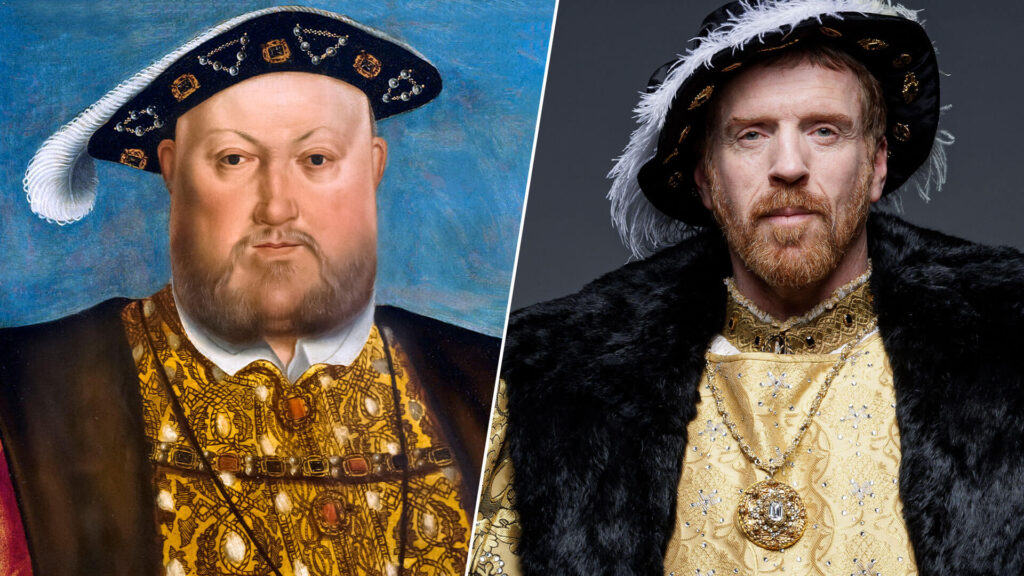 Paired image of Henry VIII as painted by Hans Holbein c 1537 (left) and actor Damian Lewis who portrays the king in PBS MASTERPIECE's Wolf Hall: The Mirror and the Light.