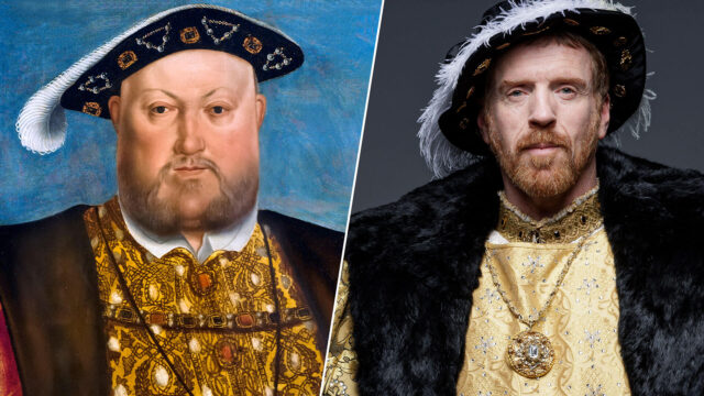 Paired image of Henry VIII as painted by Hans Holbein c 1537 (left) and actor Damian Lewis who portrays the king in PBS MASTERPIECE's Wolf Hall: The Mirror and the Light.