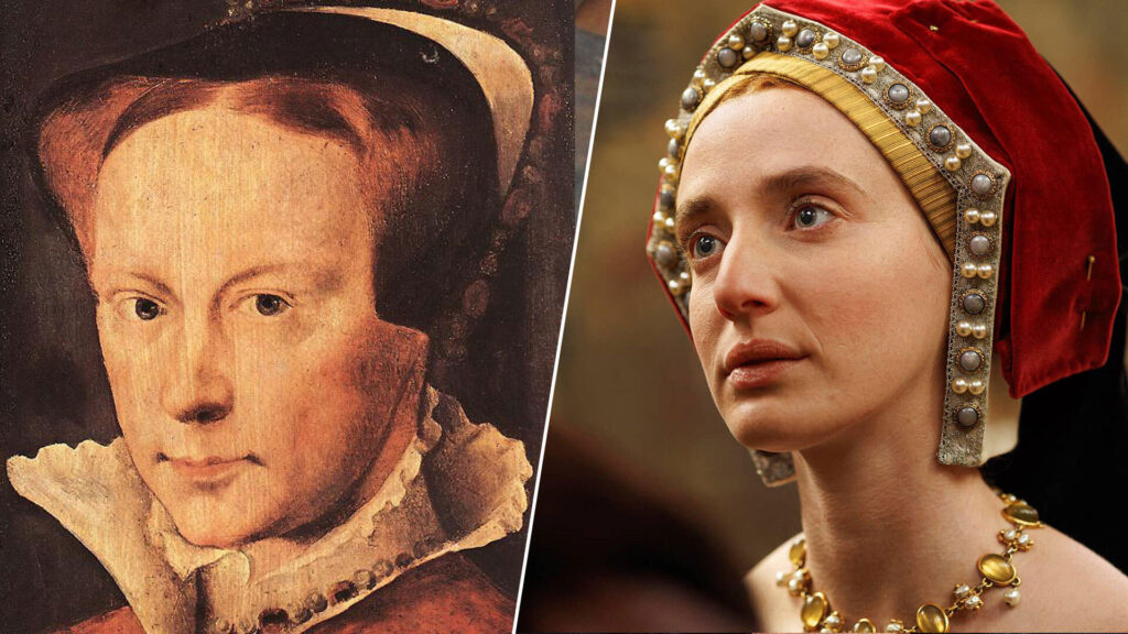 Paired image of Mary Tudor circa 1554 and actor Lilit Lesser who portrays her in PBS MASTERPIECE's Wolf Hall: The Mirror and the Light.