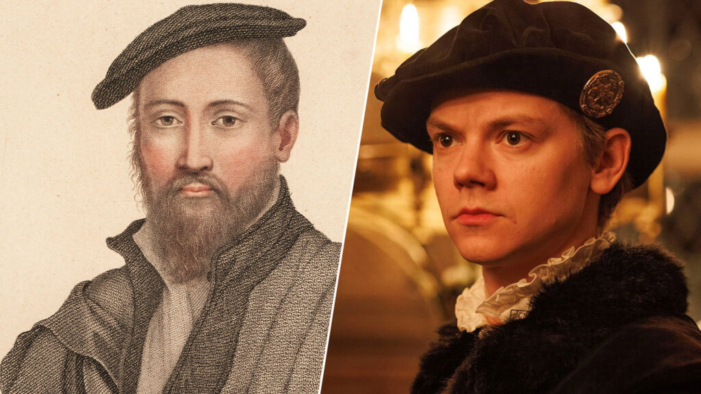 Paired image of portrait to English statesman Rafe Sadler (left) and actor Thomas Brodie-Sangster who portrays him in PBS MASTERPIECE's Wolf Hall: The Mirror and the Light.
