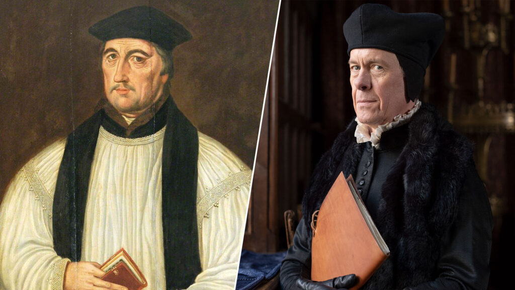 Paired image of a portrait of Bishop Stephen Gardiner (left) and Alex Jennings portraying the character in PBS MASTERPIECE's Wolf Hall: The Mirror and the Light.