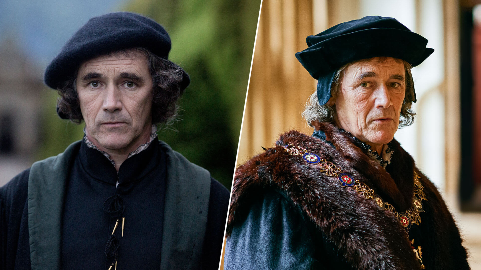 Split screen image of actor Mark Rylance in costume as Thomas Cromwell (younger) and Sir Thomas Cromwell (older) from Wolf Hall and the sequel, Wolf Hall: The Mirror and the Light, on MASTERPIECE on PBS.