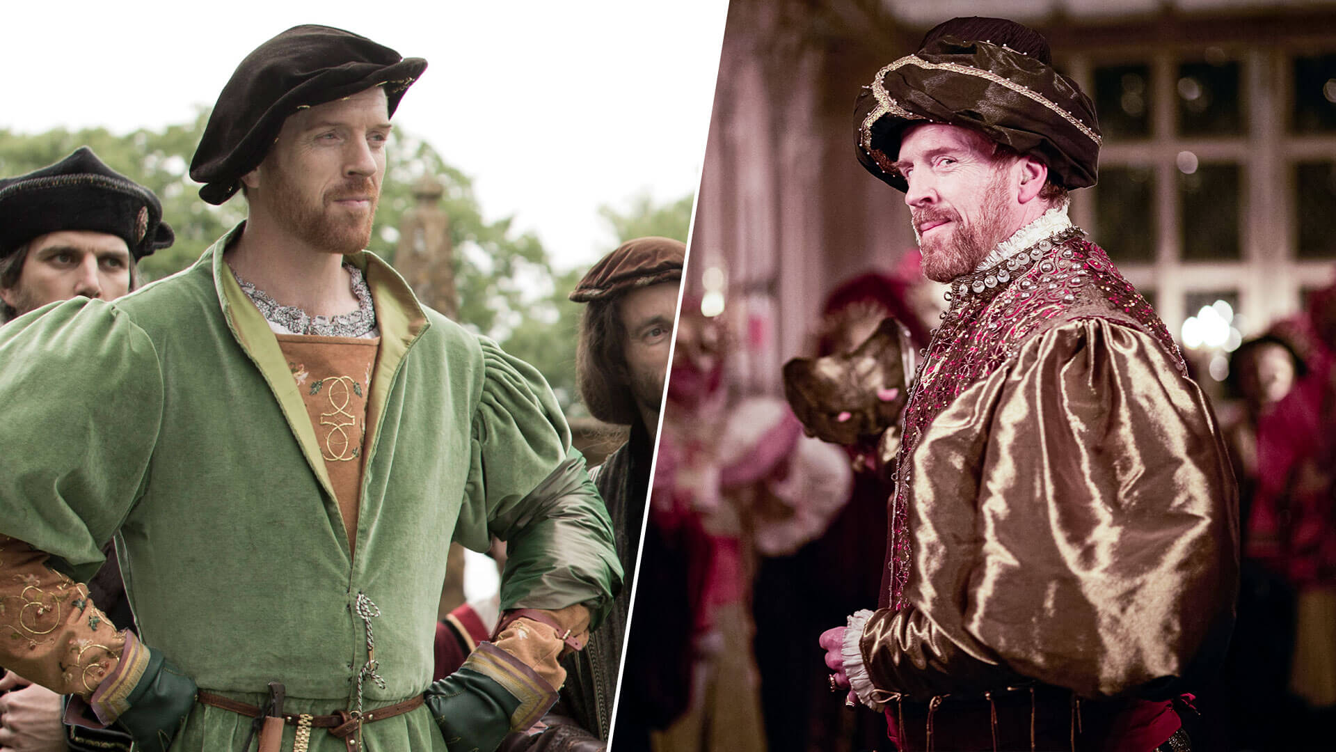 Split screen image of actor Damian Lewis as the younger King Henry VIII (left) and older (right) in Wolf Hall and in the sequel, Wolf Hall: The Mirror and the Light, both on MASTERPIECE on PBS.