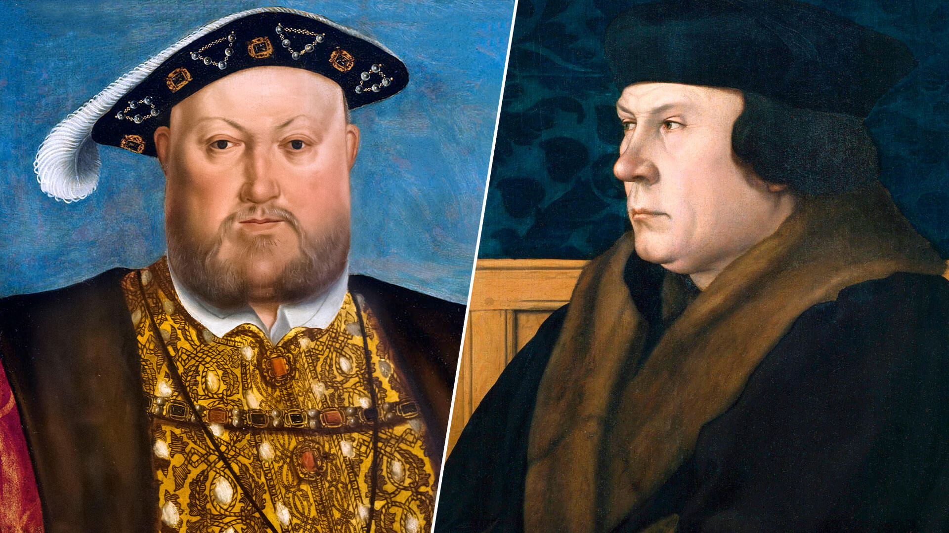 Split color image of Henry VIII, c 1537 painted by H. Holbein; Sir Thomas Cromwell, c 1532 painted by H. Holbein.