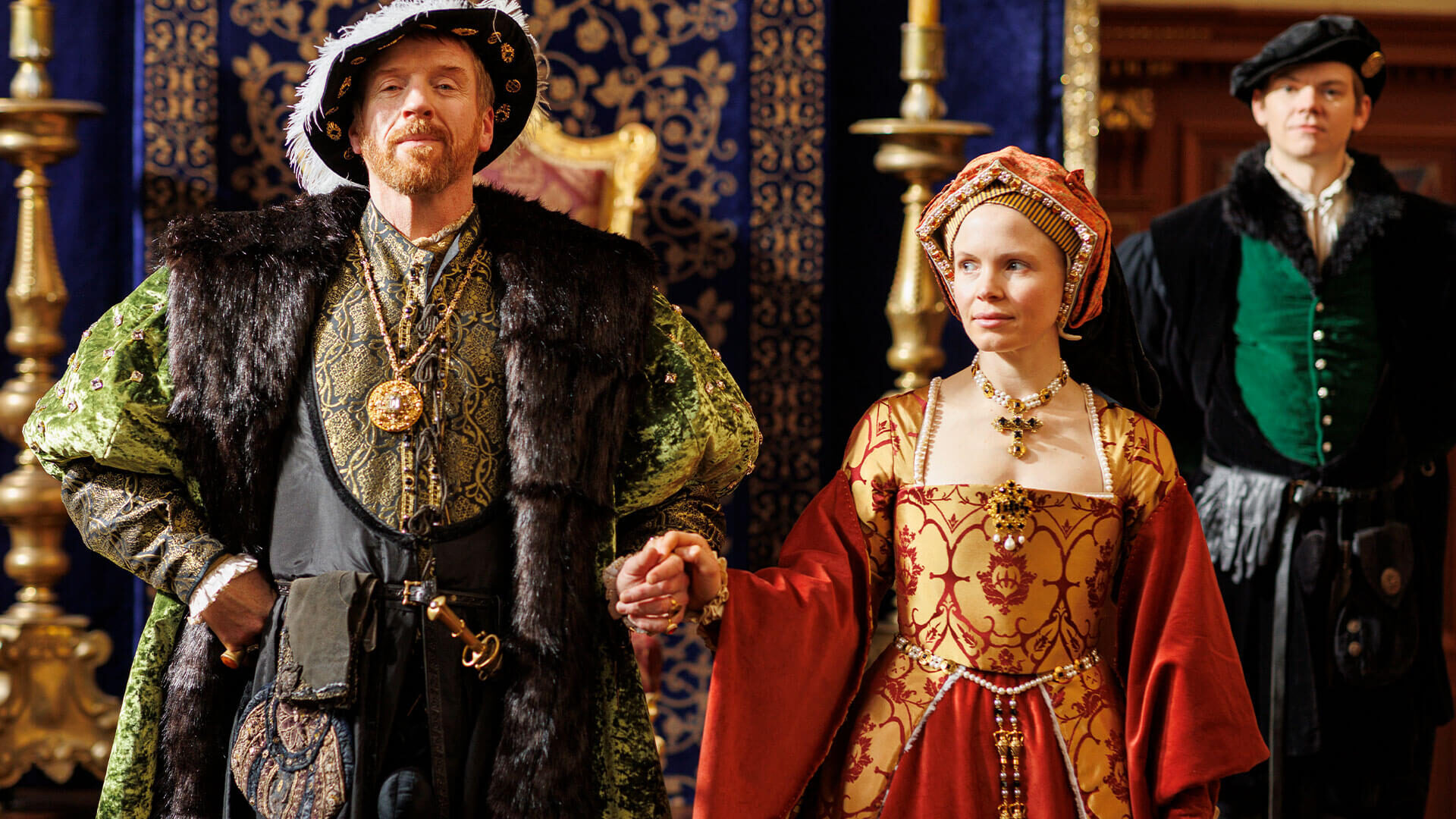 Actors Damian Lewis and Kate Phillips in costume as Henry VIII and Jane Seymour in PBS MASTERPIECE's Wolf Halll: The Mirror and the Light.