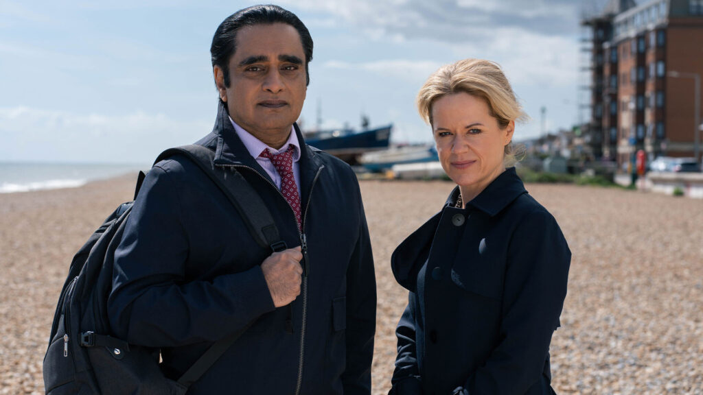 Sanjeev Bhaskar as DI Sunny Khan and Sinéad Keenan as DCI Jess James in Unforgotten Season 6.