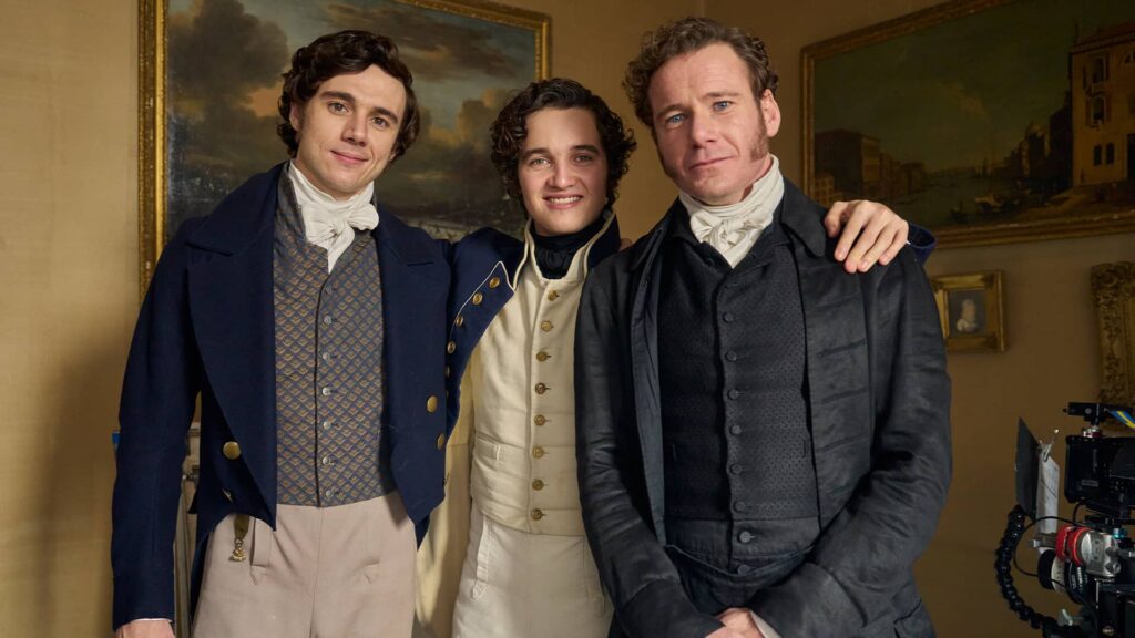 Calam Lynch, Jake Kenny-Byrne, and Felix Scott behind the scenes of Miss Austen