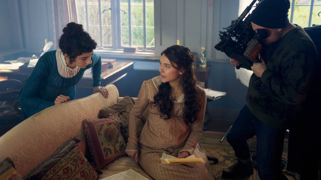 Patsy Ferran and Synnøve Karlsen filming a scene for Miss Austen