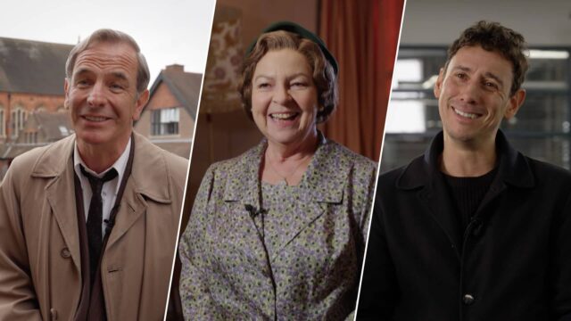 Robson Green, Tessa Peake-Jones, and Al Weaver behind the scenes of Grantchester Season 10