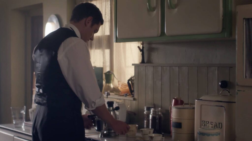 Tom Brittney as Will Davenport making coffee Grantchester Season 4