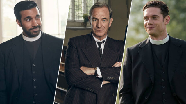 Actors (from left to right) Rishi Nair as Rev. Alphy Kottaram, Robson Green as DI Geordie Keating, and Tom Brittney as Rev. Will Davenport from the period mystery series Grantchester on PBS MASTERPIECE.