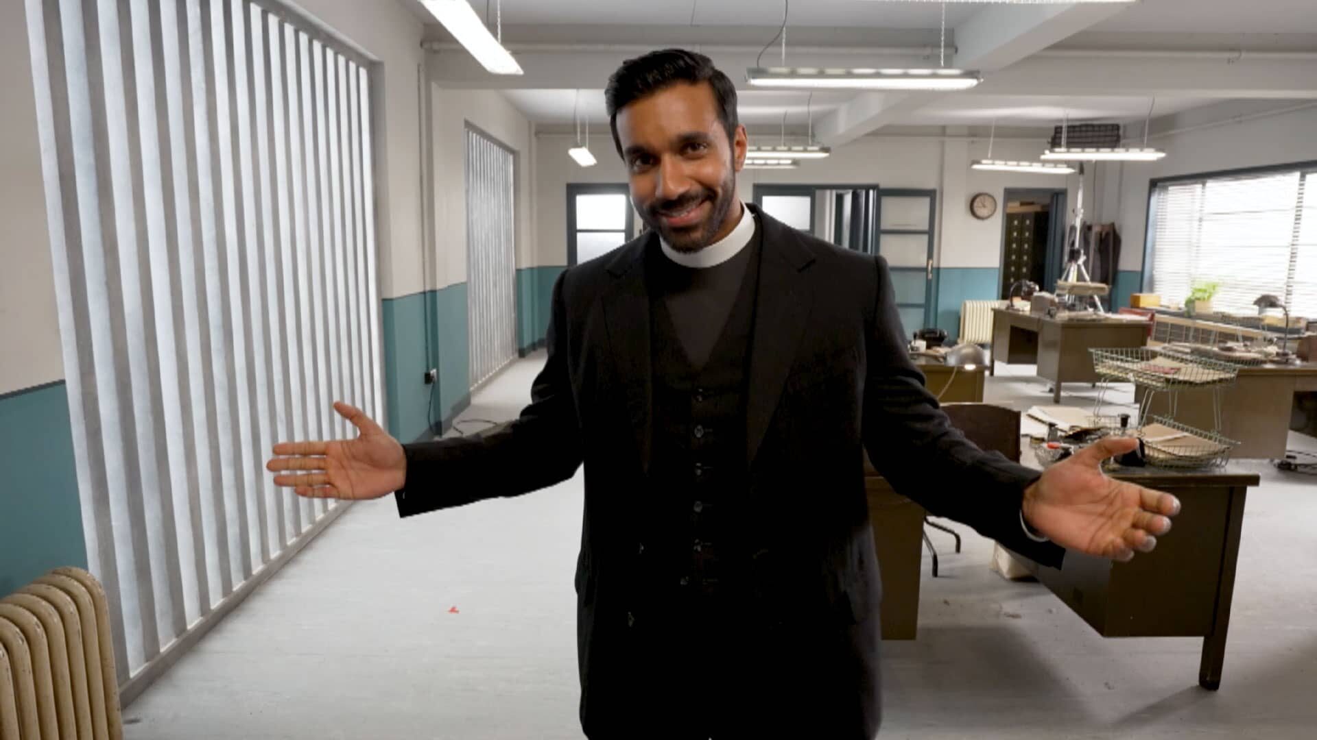 Rishi Nair giving a behind the scenes tour on the set of Grantchester Season 10