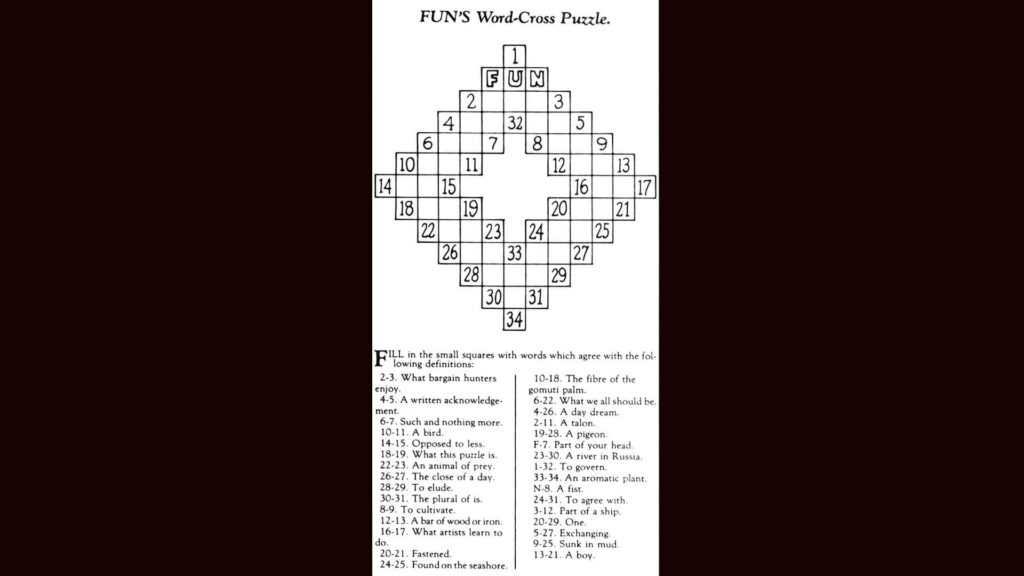 Copy of New York World editor Arthur Wynne's crossword, published December 21, 1913, and credited with being the first-known crossword to publish.