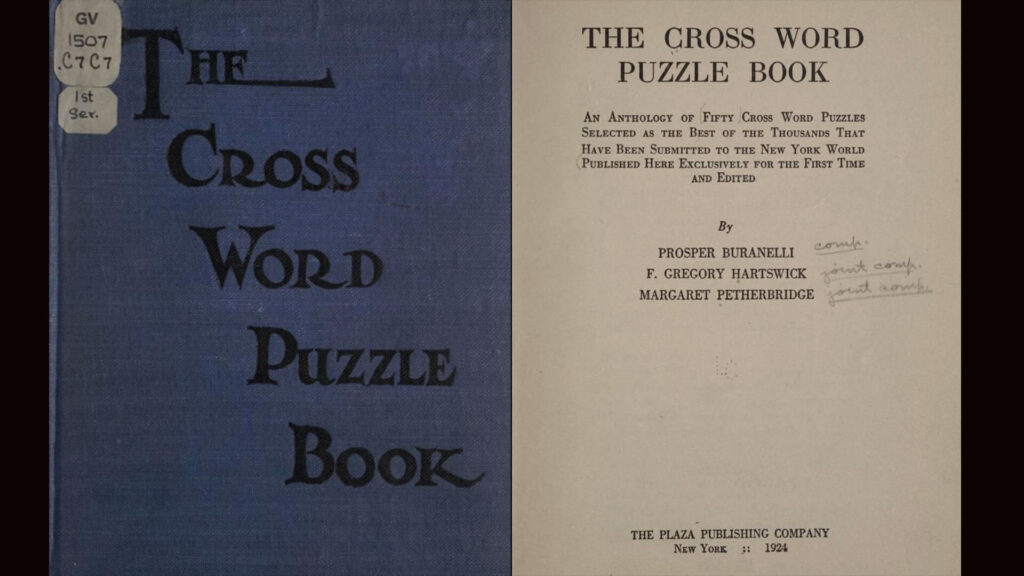 Blue cover (left) and title page (right of the first cross word puzzle book, published in 1924. Digital images courtesy of the Library of Congress.