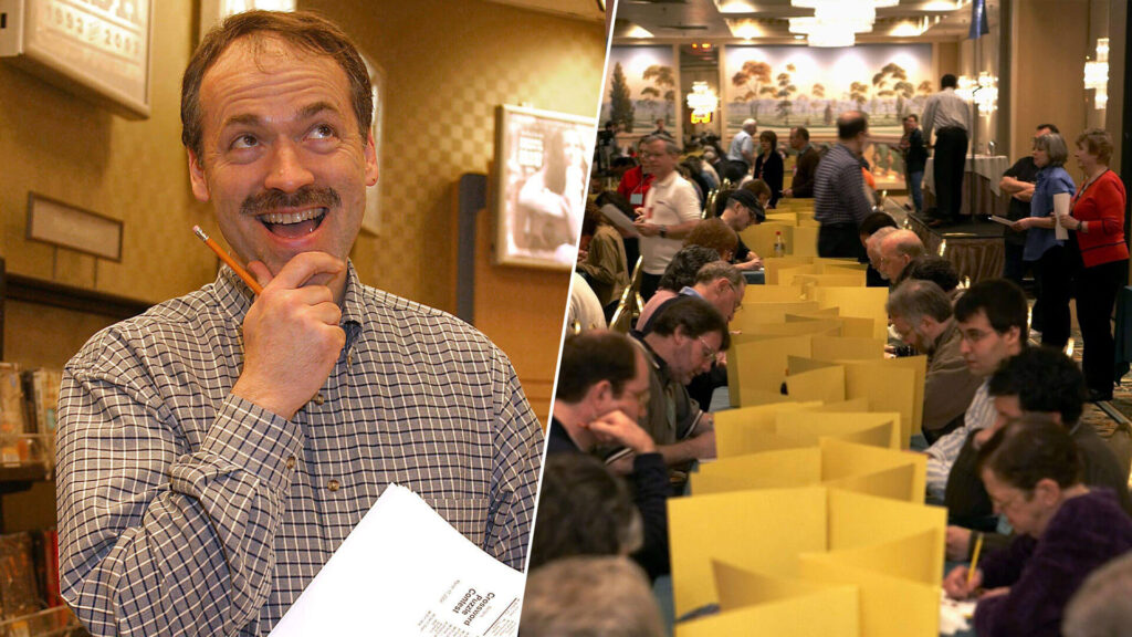 Split image of Will Shortz at a NYC book signing in 2004 (left); The 2006 American Crossword Puzzle Tournament, founded by Shortz in 1978 (right).