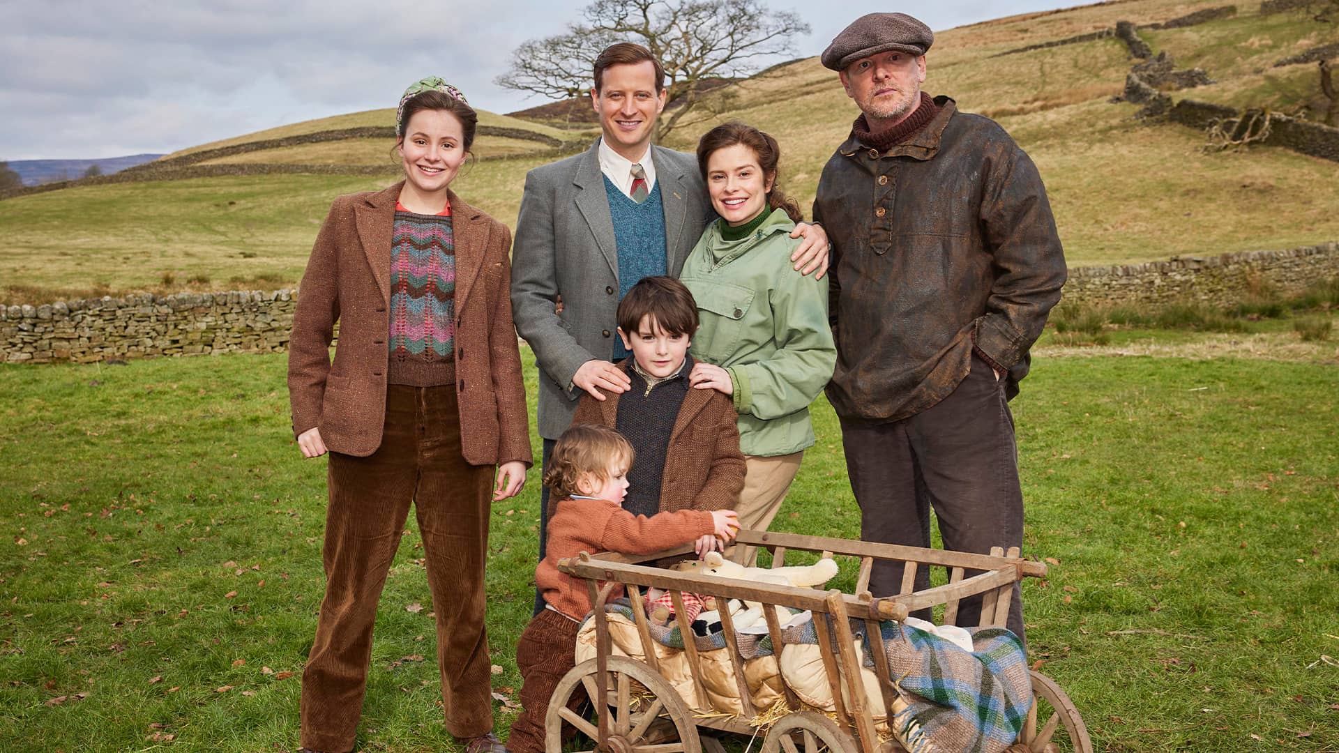 Jenny Alderson (Imogen Clawson), Rosie Herriot (Autumn/Arlie Doyle), Jimmy Herriot (Thomas Riches), James Herriot (Nicholas Ralph), Helen Herriot (Rachel Shenton), Richard Alderson (Tony Pitts) in All Creatures Great and Small Season 6 on MASTERPIECE on PBS