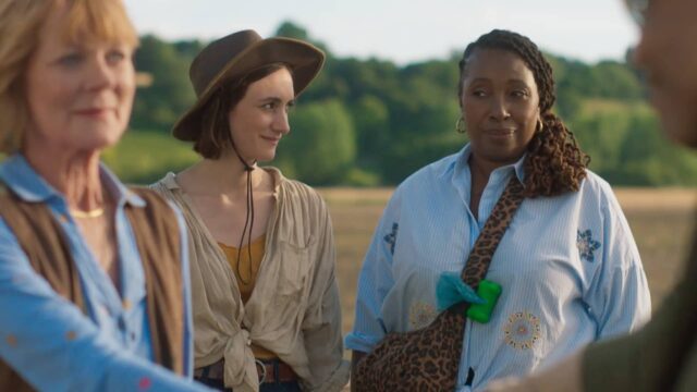 Samantha Bond, Cara Horgan, and Jo Martin in a scene from The Marlow Murder Club Season 2 Episode 5