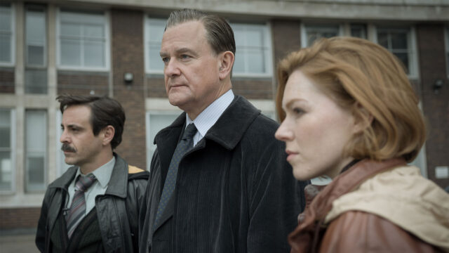 Emun Elliott, Hugh Bonneville, and Charlotte Spencer in The Gold Season 1