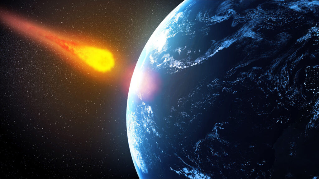 Artist's rendering of a glowing asteroid in space speeding towards Earth's surface.