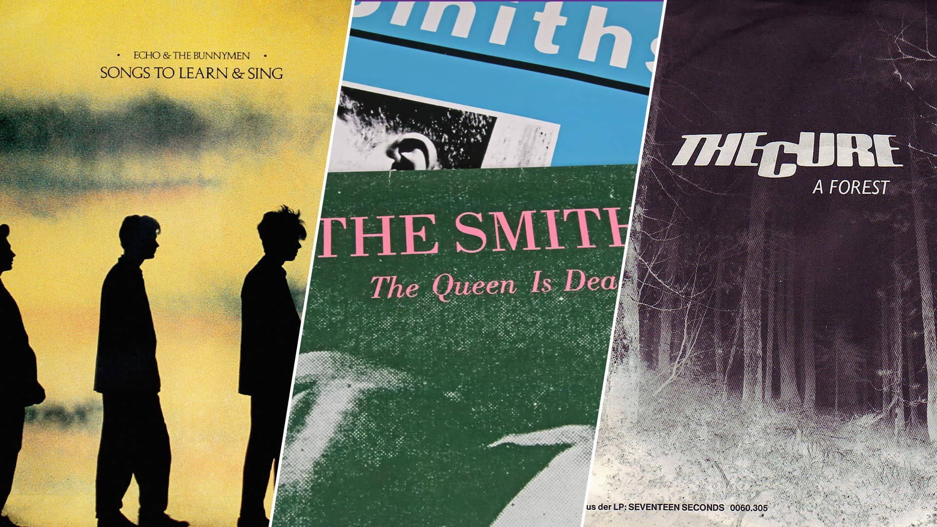 Album covers from Echo and the Bunnymen "Songs to Learn and Sing," The Smiths "The Queen is Dead," and The Cure "A Forest"