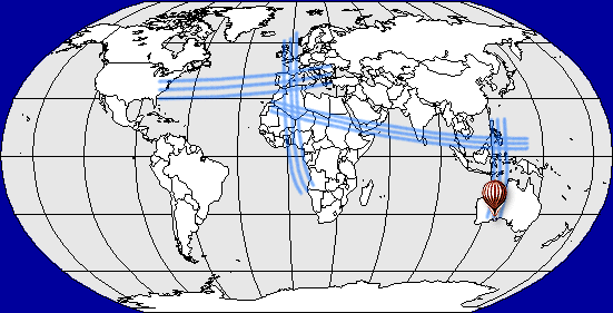 Map of world, with balloon landed in Australia and jet streams marked