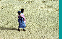 Person walking across drought-parched land
