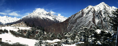 Still panoramic image of Thyangboche Monastery