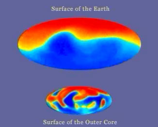 computer-generated still of earth's magnetic field (Glatzmaier's)