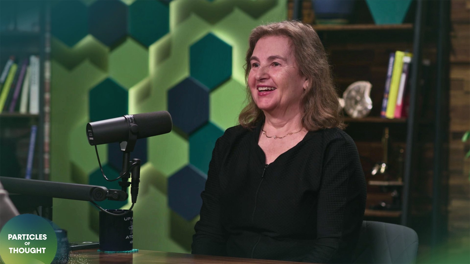 Photo of Daniela Rus on the Particles of Thought podcast set