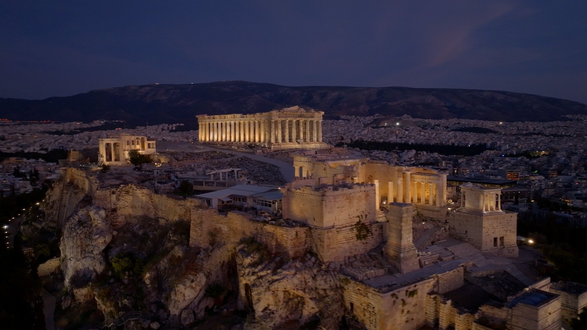 The Acropolis of Athens at dusk.