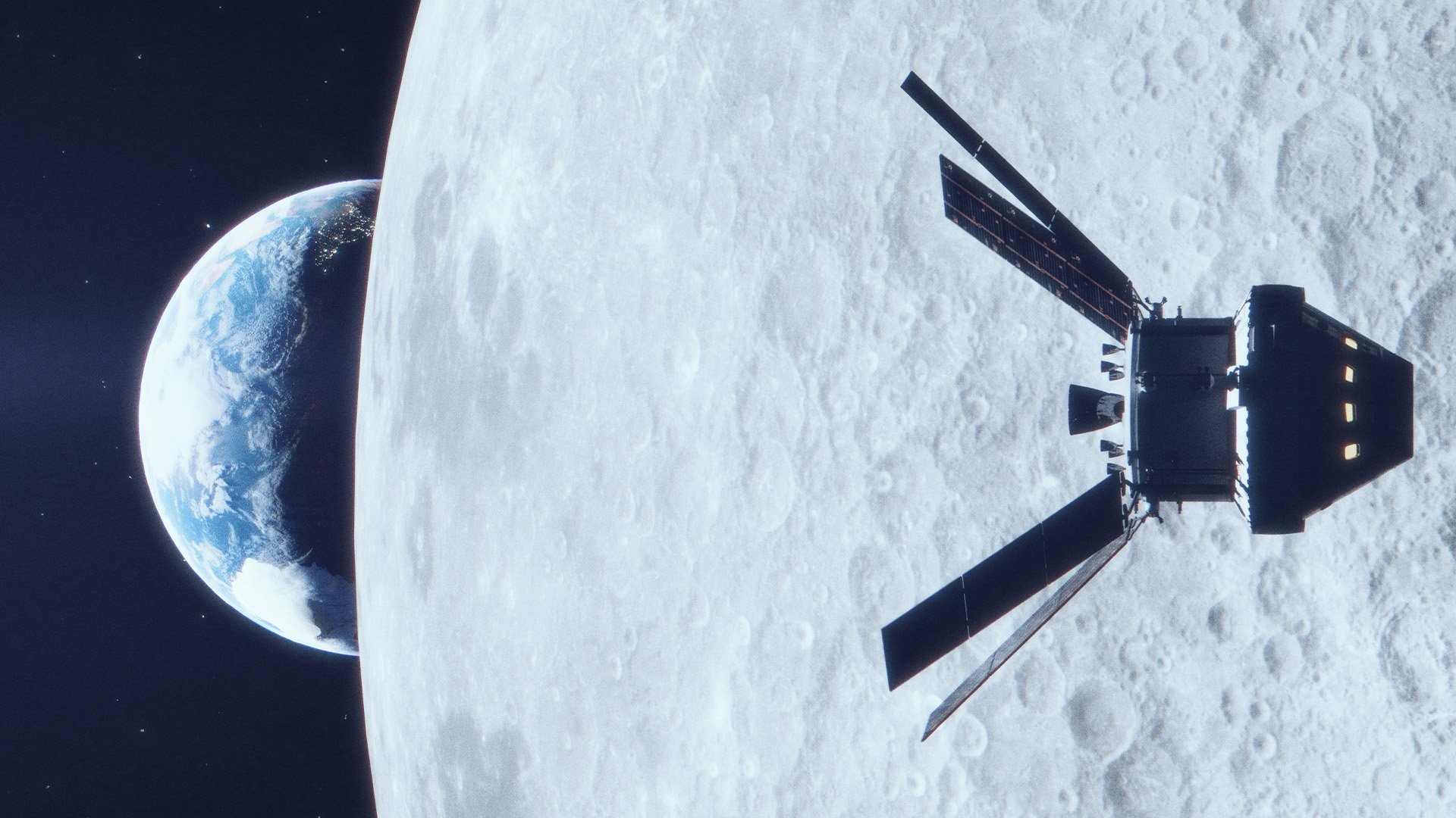 Spacecraft passing in front of the moon with the Earth in the background