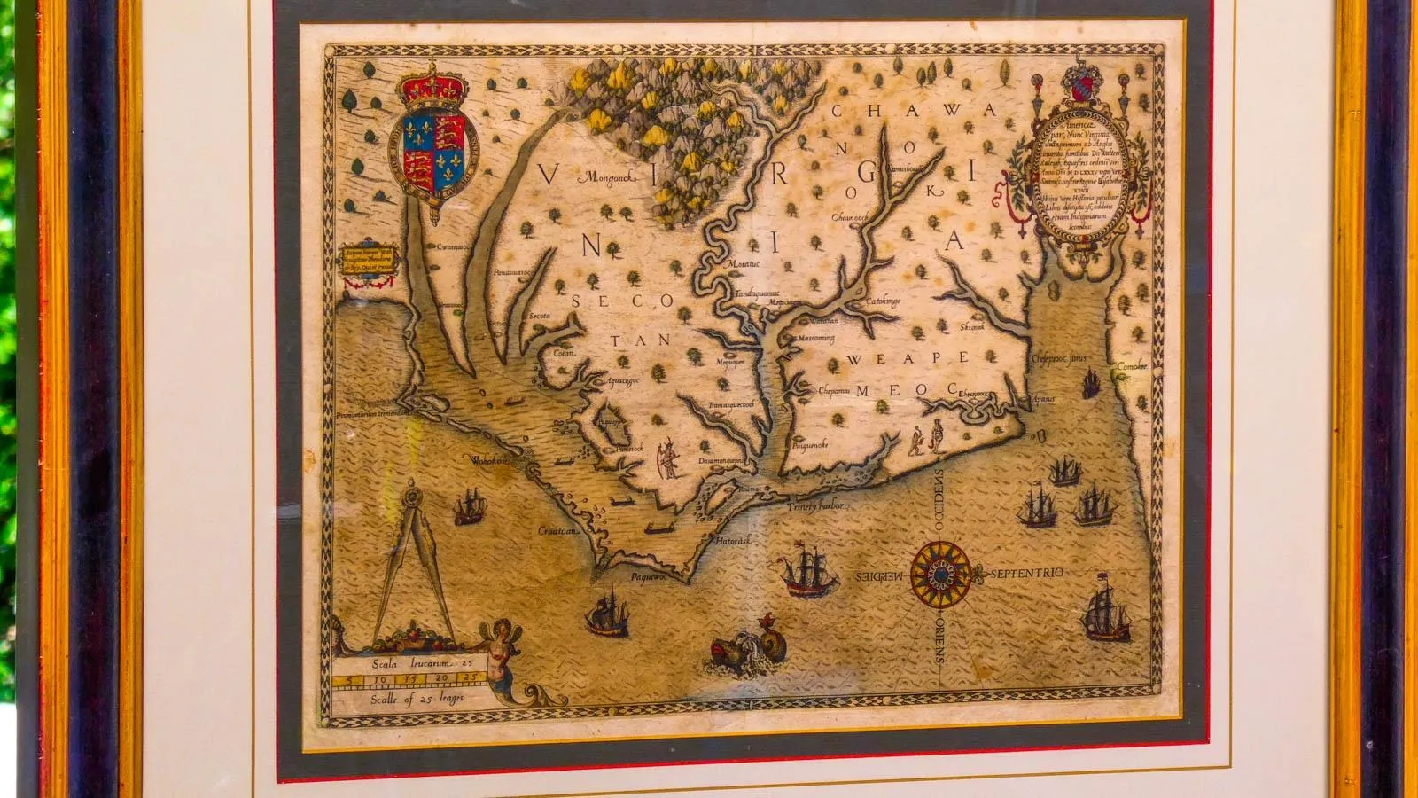 A close up of an old map in a frame written in a foreign language. In the top left corner is a blue and red coat of arms.