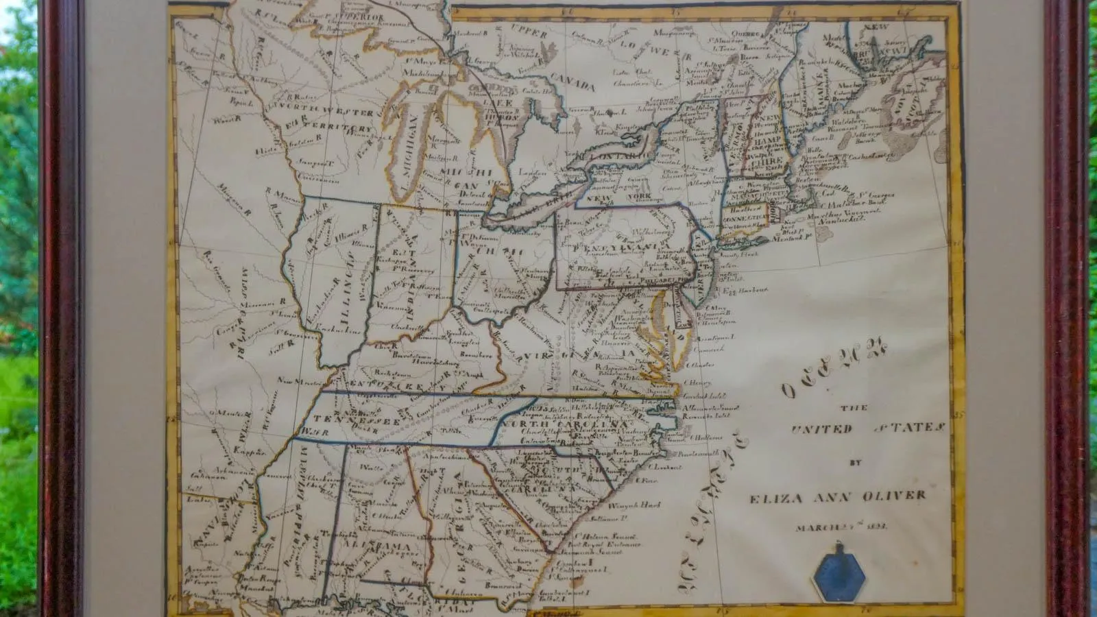 A close up of a handwritten map of the Eastern United States.